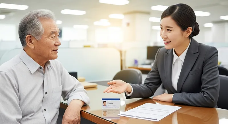 은행 창구에서 신분증으로 자격을 확인하며 상담하는 한국인 65세 이상 남성
