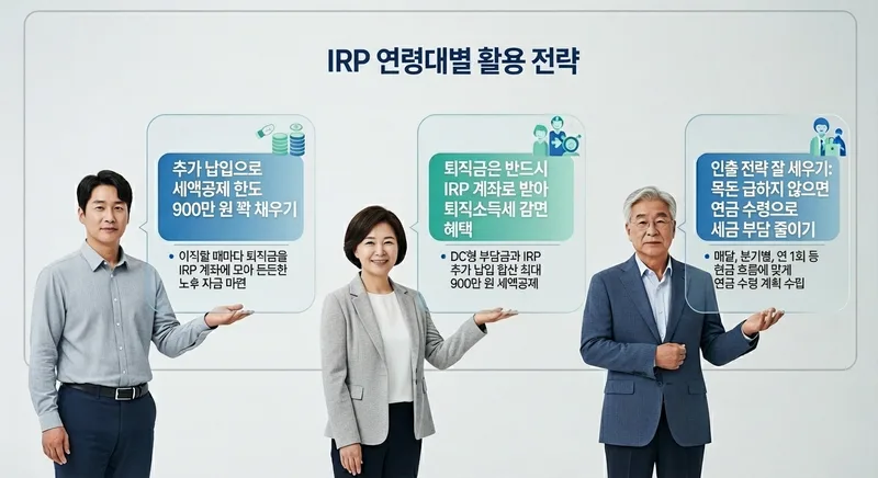 40대 50대 60대별 IRP 활용 전략을 한눈에 보여주는 연령대별 인포그래픽