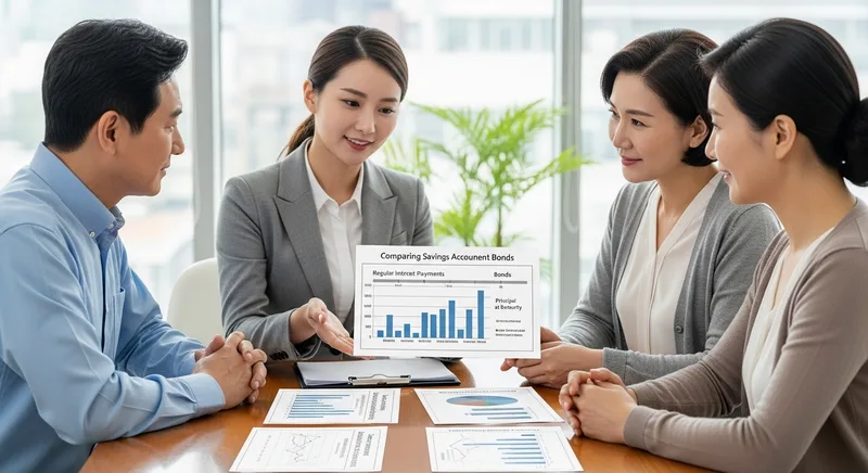 예금과 채권의 차이와 이자 구조를 상담 받는 중장년 부부와 재무 상담가