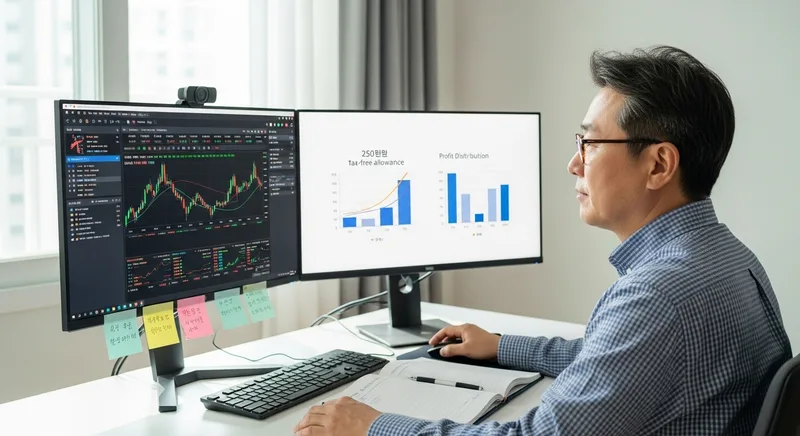 해외 주식 수익을 250만 원씩 나누어 매도하는 전략을 세우는 한국 중장년 투자자