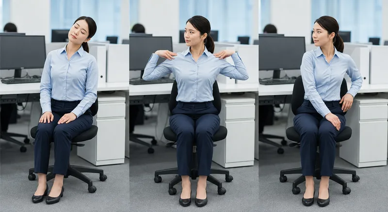 중년 여성 직장인이 의자에 앉아 가볍게 목을 기울이고 어깨를 돌리고 상체를 회전하는 세 가지 스트레칭 예시