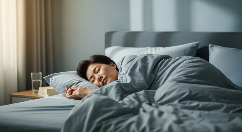 편안한 침실에서 평화롭게 잠든 중년 한국인, 근육 회복을 위한 수면 강조