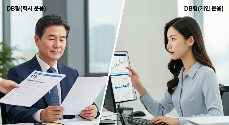 DB형과 DC형 퇴직연금의 차이를 직장인 사례로 비교해 보여주는 장면
