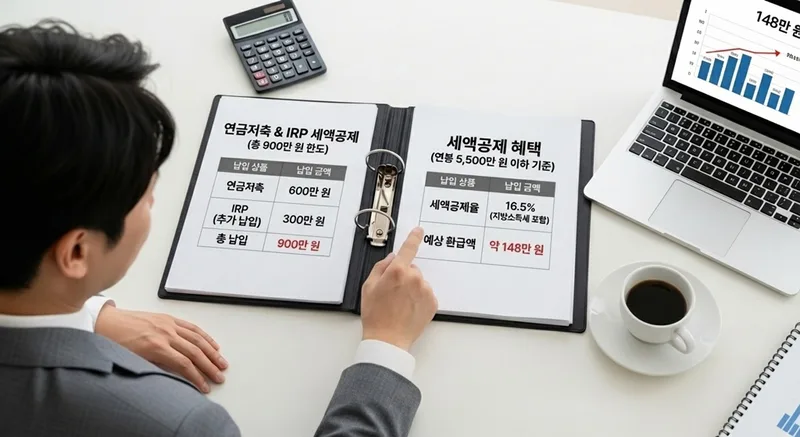 IRP와 연금저축의 차이를 표로 비교하며 세액공제 금액을 계산하는 장면