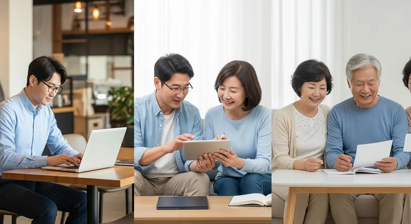 40대, 50대, 60대 각 나이대에 맞게 연금 준비 전략을 세우는 한국인들의 모습