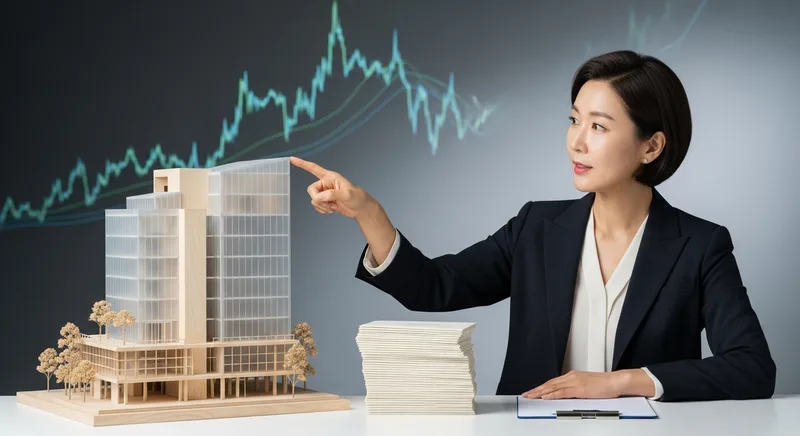 임대업 비유로 커버드콜 구조를 설명하는 40대 초반 한국인 여성
