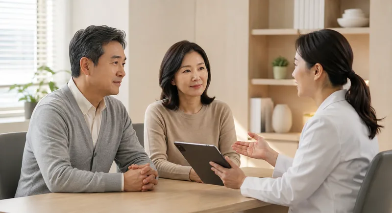 40~50대 한국인 부부가 진료실에서 의사와 건강검진 계획을 상담하는 모습