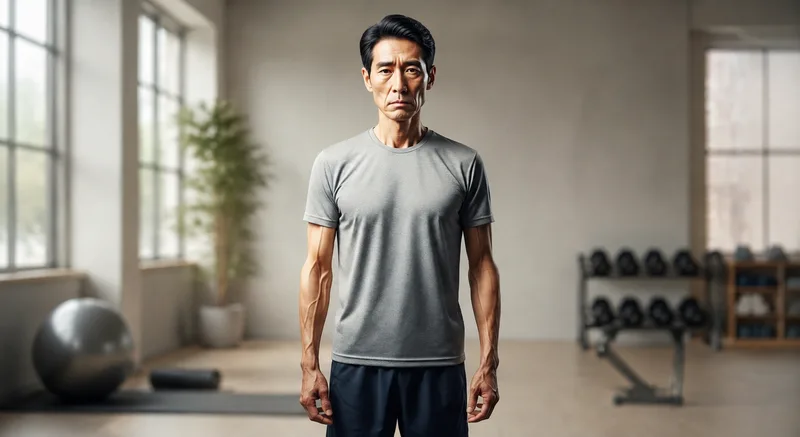 중년의 체력과 근육 건강을 돌아보는 회색 운동복 차림의 한국 남성