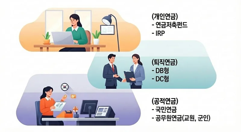 국민연금, 퇴직연금, 개인연금으로 구성된 3층 연금 구조를 시각적으로 표현한 이미지