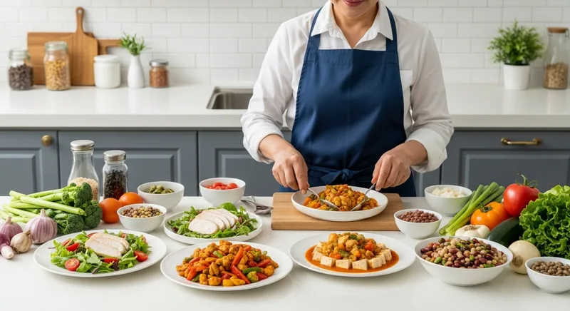 닭가슴살과 콩류, 두부 요리를 준비하며 단백질 위주 당뇨 식단을 실천하는 한국인 중장년 여성