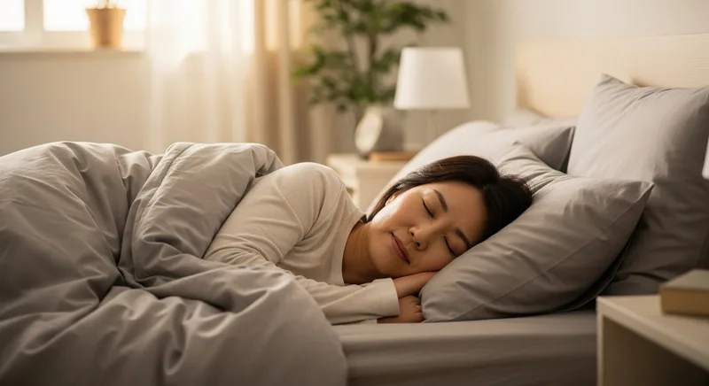 중년 한국인이 편안하게 잠들어 있는 조용한 침실 모습