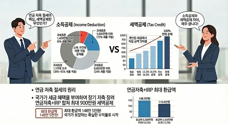 세액공제와 소득공제의 차이를 설명하는 인포그래픽과 한국인 직장인의 모습