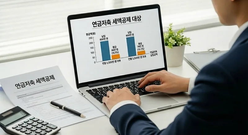 연금저축 세액공제와 환급 금액을 노트북으로 계산하는 한국인 직장인
