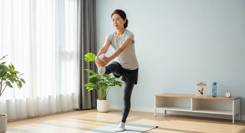 밝은 실내에서 준비 운동과 마무리 운동 스트레칭을 하는 중년 한국인 모습