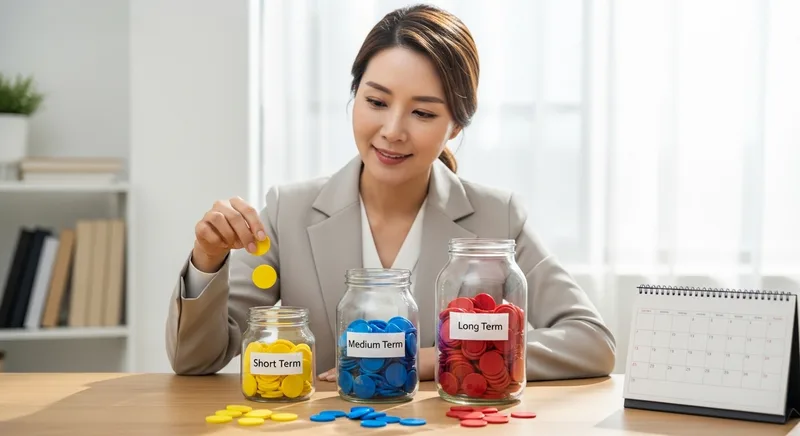 만기별로 자금을 나눠 담는 전략을 상징하는 40대 초반 한국인 여성과 3개의 유리병