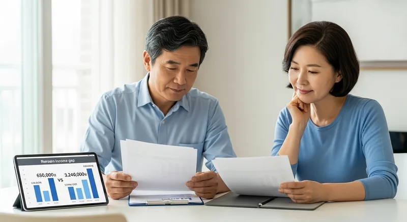 노후 생활비와 국민연금 수령액 격차를 고민하며 서류를 살펴보는 50대 한국인 부부