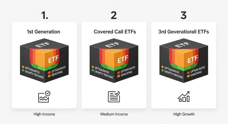 1세대 2세대 3세대 커버드콜 ETF의 옵션 비중과 배당률 차이를 보여주는 비교 인포그래픽