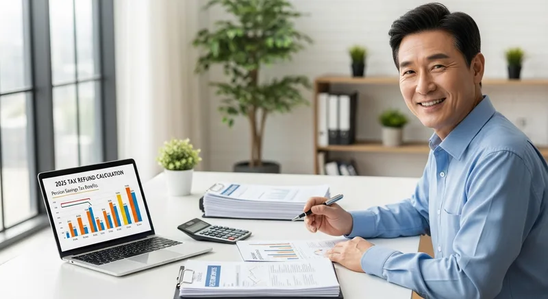 2025년 연금 저축 절세로 세금 환급을 확인하는 한국 중년 남성의 모습