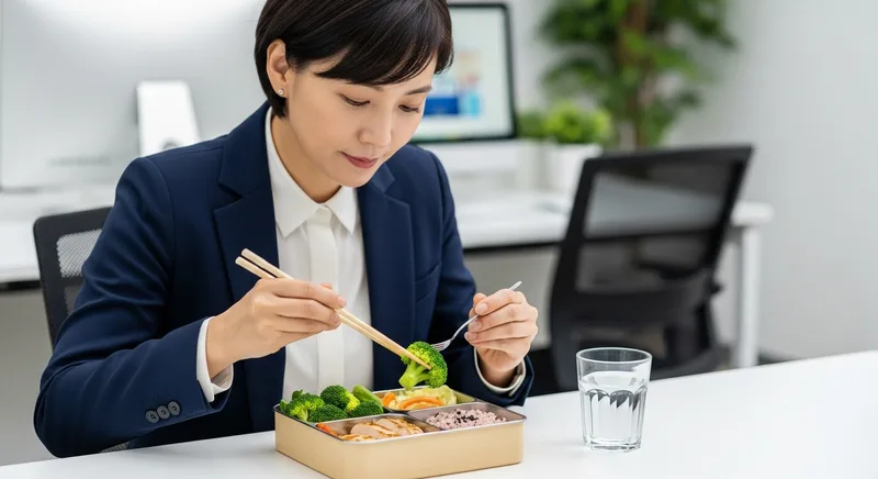 혈당 스파이크를 막기 위해 식사 순서대로 채소, 단백질, 탄수화물을 먹는 중년 직장인