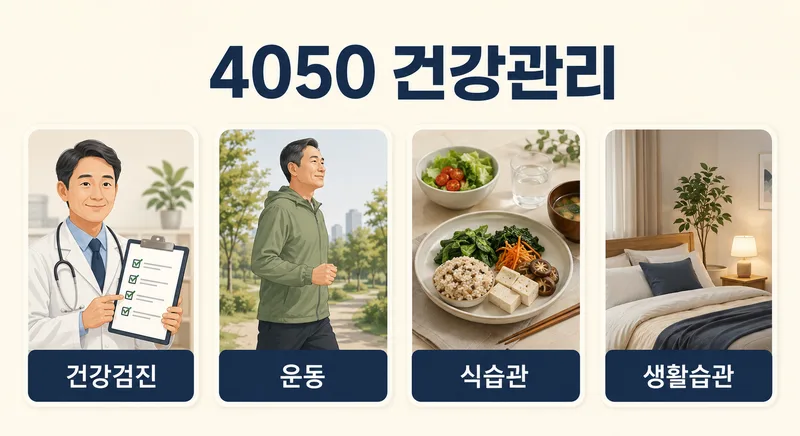건강검진, 운동, 식습관, 생활습관을 네 가지 그림으로 정리한 4050 건강관리 안내